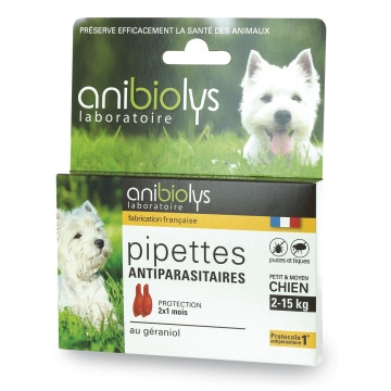 Pipettes antiparasitaires petit et moyen Chien 2 à 15 kg - Anibiolys