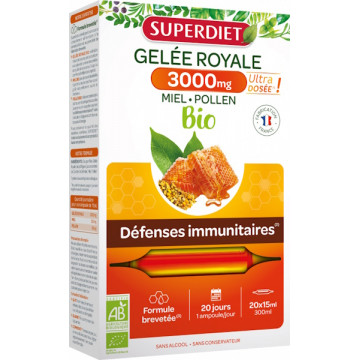 Gelée Royale bio Miel Pollen 3000 mg 20 ampoules de 15ml -  Super Diet