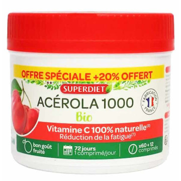 Acérola Bio 1000 Vitamine C avec 20pc offert maxi pot de 72 comprimés Super Diet