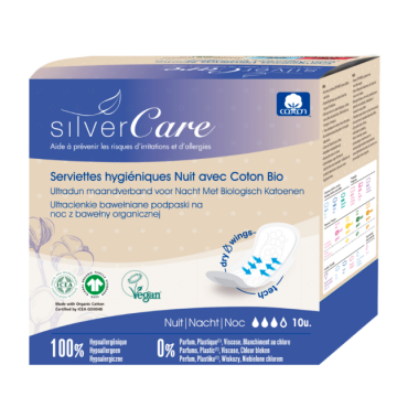 10 Serviettes nuit 100% coton bio Ultra minces avec ailettes - Silvercare