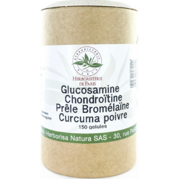 Glucosamine chondroïtine Prêle Bromélaïne Curcuma Poivre 150 Gélules - Herboristerie de Paris