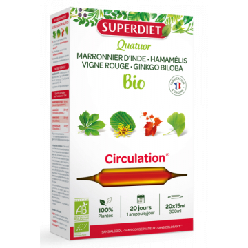 Quatuor Circulation Marronnier, Hamamélis, Vigne Rouge et Ginkgo 20 ampoules - Super Diet