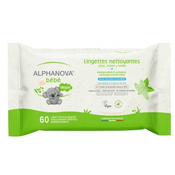 60 Lingettes épaisses Coton Biodégradables huile Amande douce - Alphanova