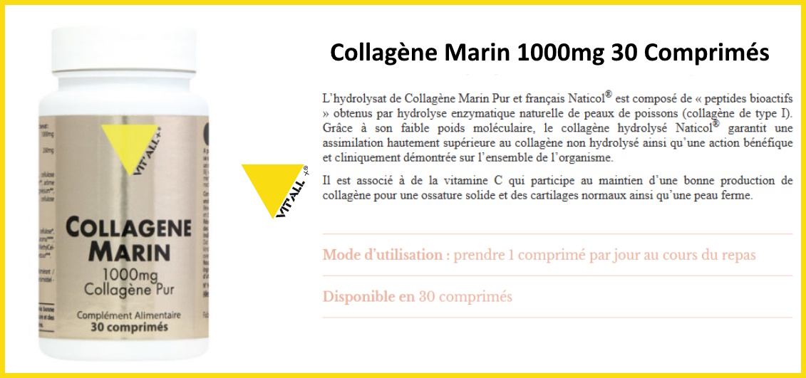 le collagène marin Vit'all plus apporte 1000mg de collagène de type 1 par comprimé