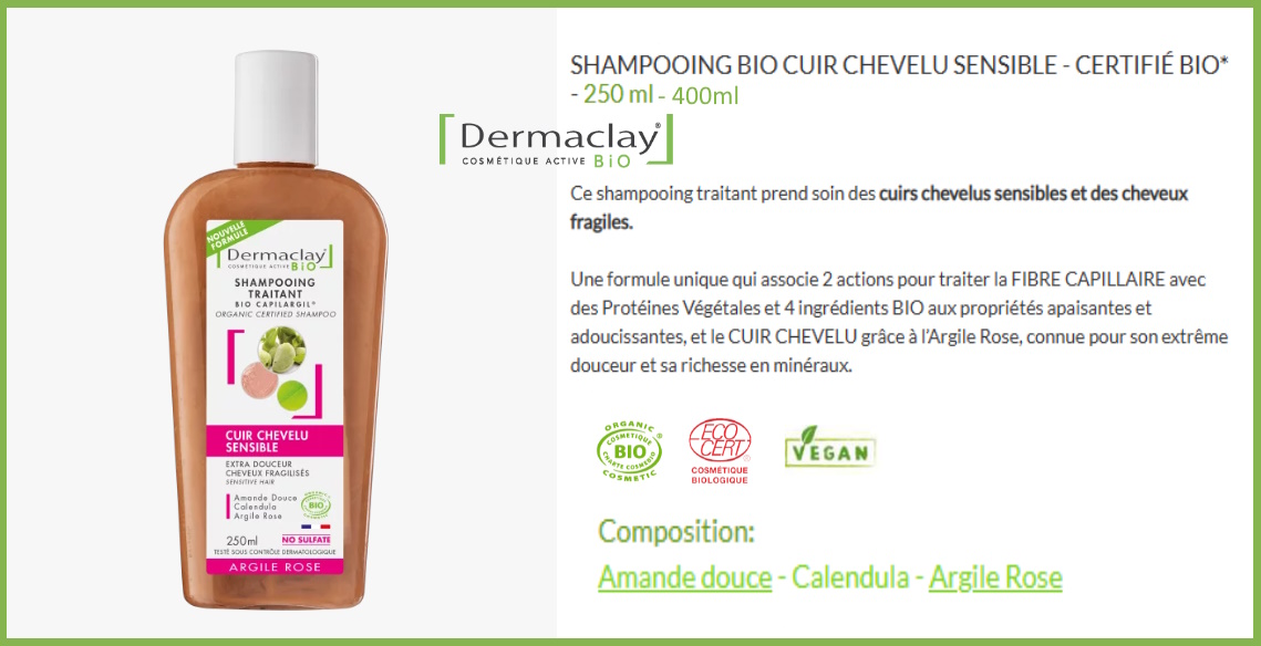 le shampoing cuir chevelu sensible apporte 3 ingrédients calendula amande douce argile rose.